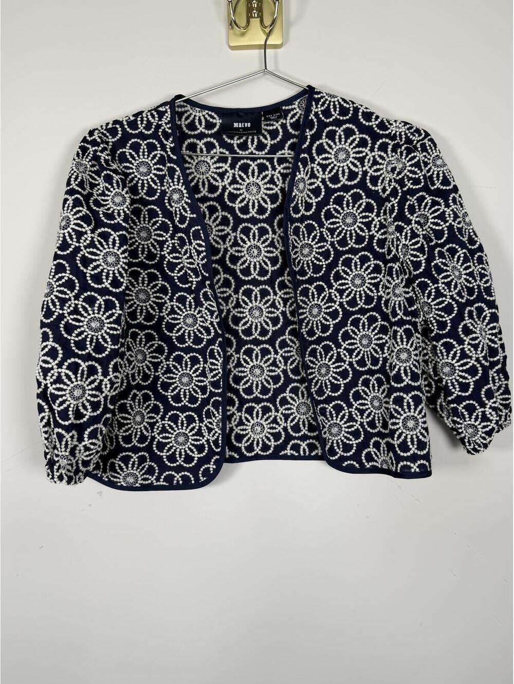 Maeve navy blue embroidered cropped shrug with white floral details